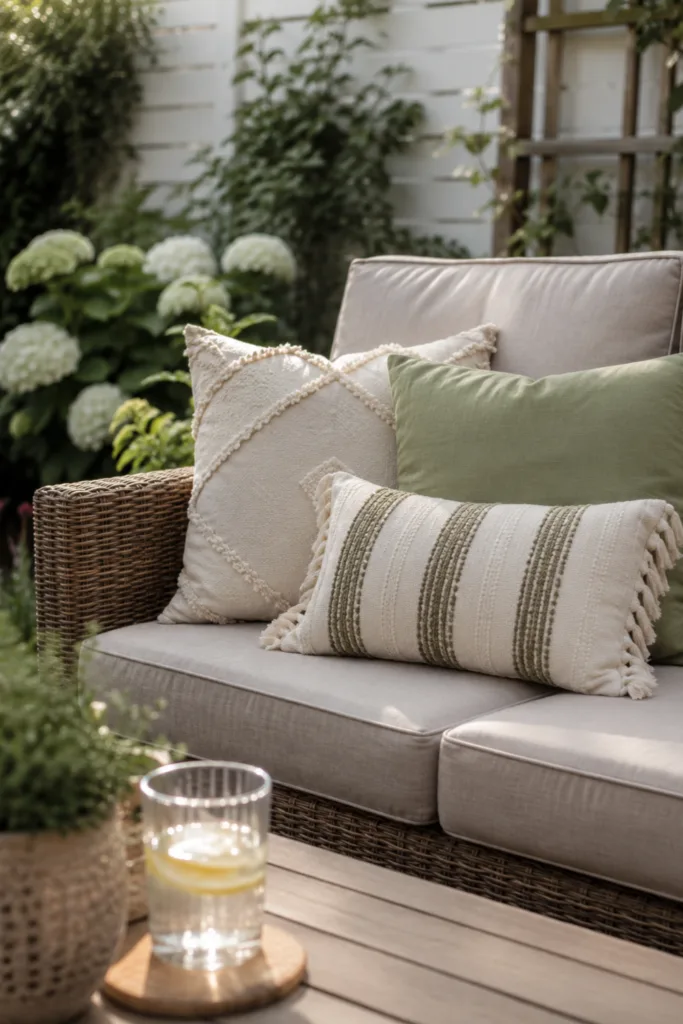 Gemütliche Reihenhausgartendeko im Juli mit Outdoor-Kissen und sommerlichem Sitzbereich auf der Terrasse.