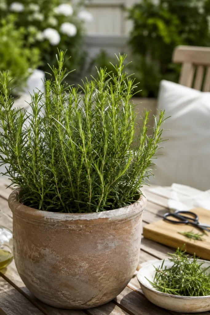 Rosmarin im Kübel als Reihenhausgartendeko im Juli mit essbaren Pflanzen und sommerlicher Atmosphäre.