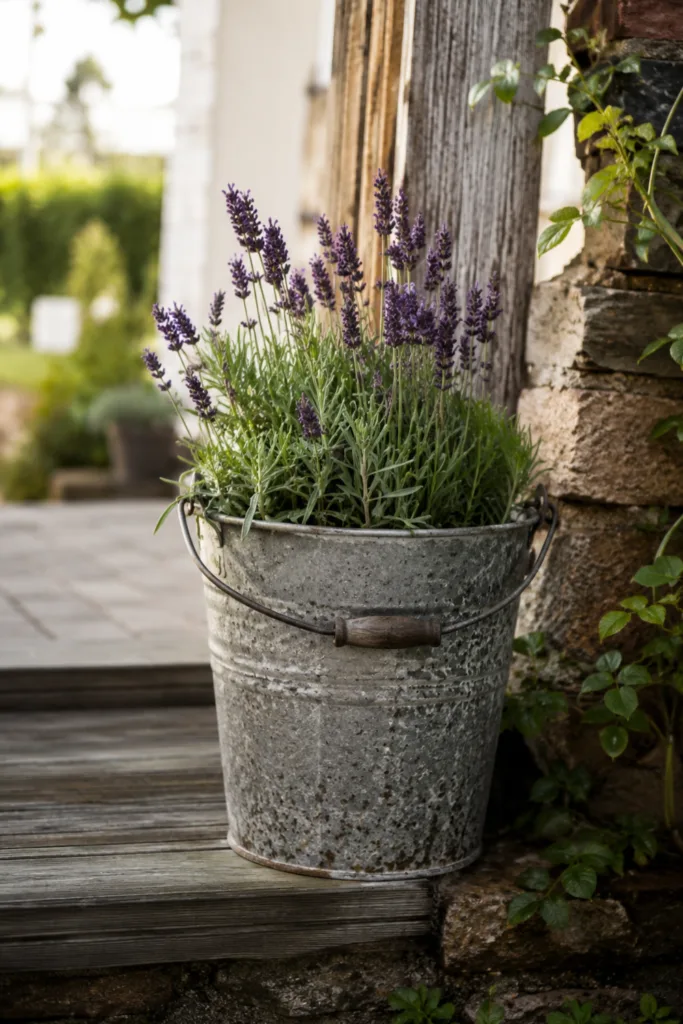 Gartendeko mit alten Eimern: Lavendel im Zinkeimer als rustikales Pflanzgefäß am Hauseingang.