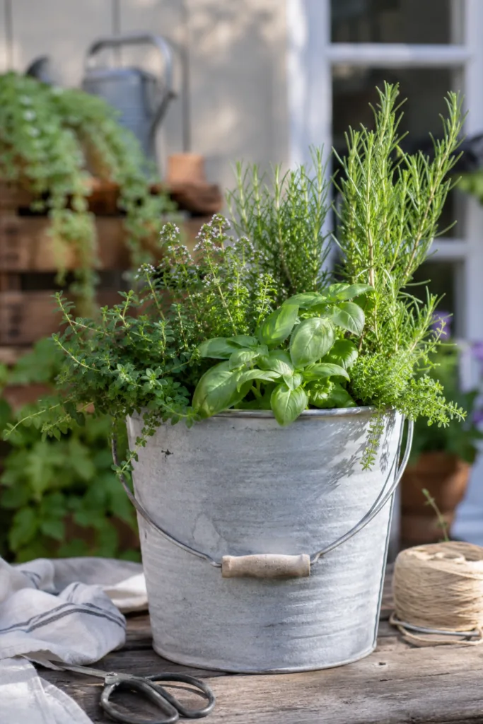 Gartendeko mit alten Eimern als Kräutergarten mit Rosmarin, Thymian und Basilikum auf der Terrasse.