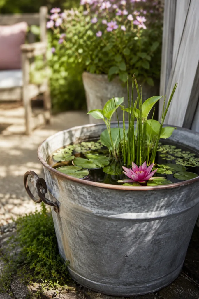 Gartendeko mit alten Eimern als Mini-Teich mit Wasserpflanzen neben gemütlichem Sitzplatz im Garten.