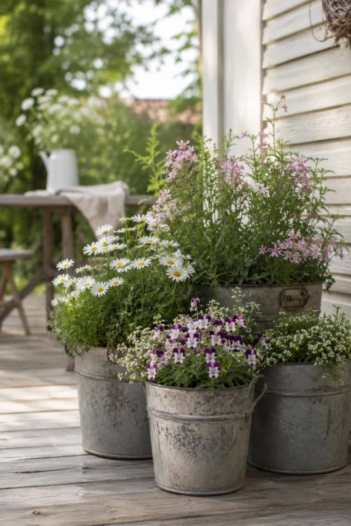 Gartendeko mit alten Eimern als Blumeninsel mit blühenden Pflanzen auf einer Terrasse im Garten.