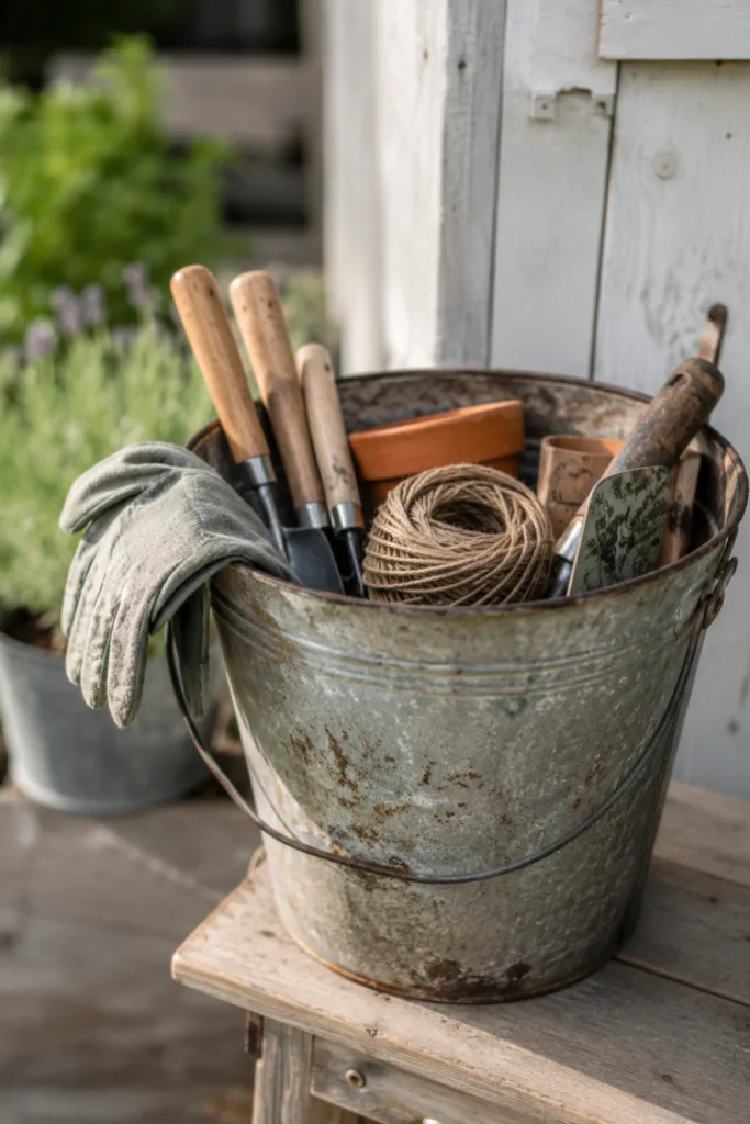 Gartendeko mit alten Eimern als Aufbewahrung für Gartenwerkzeuge neben Gartenhaus und Hochbeet.