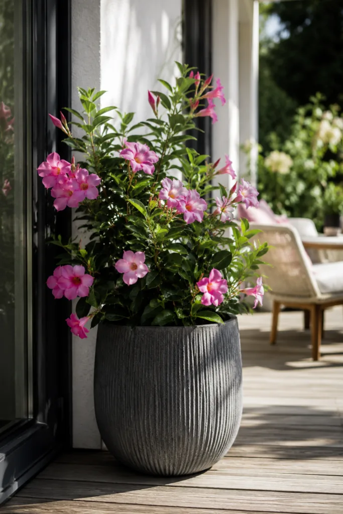 Terrassentür Deko im Juli mit großem Blühkübel und rosa Sommerblumen auf der Terrasse.