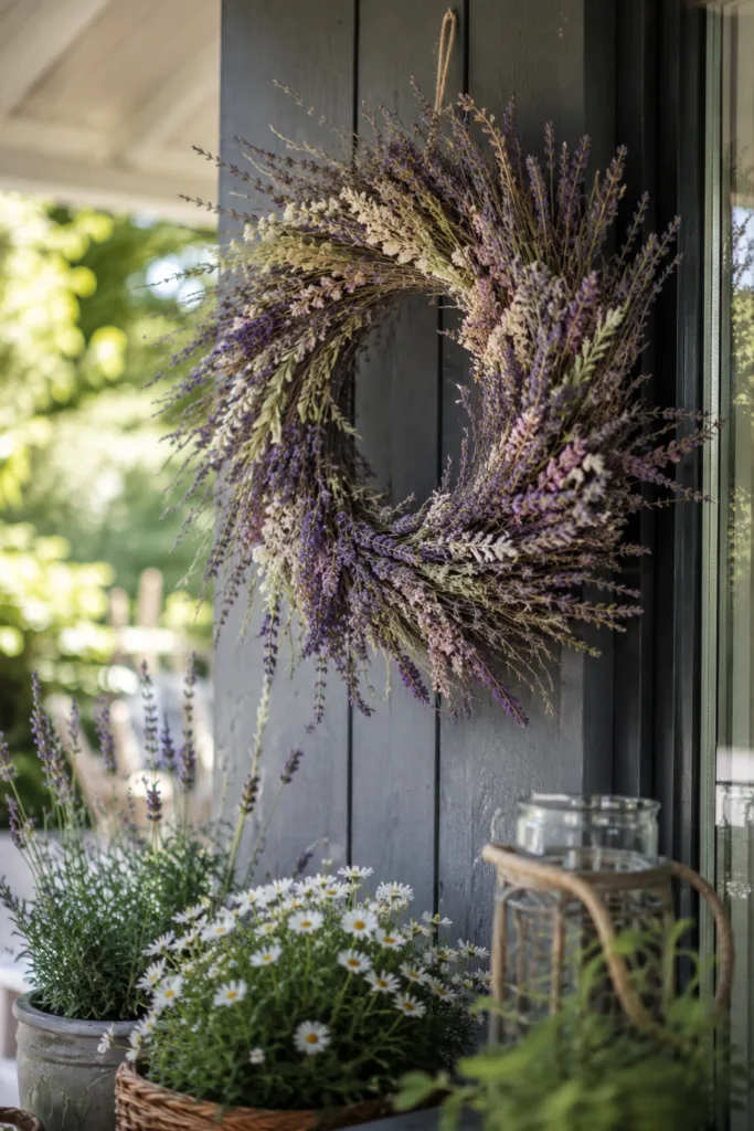 Terrassentür Deko im Juli mit Sommerkranz aus Lavendel und Naturmaterialien an einer modernen Hauswand.