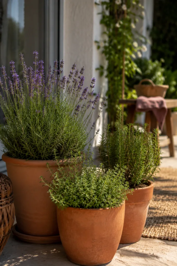 Terrassentür Deko im Juli mit Lavendel, Rosmarin und Terrakotta-Kübeln auf sonniger Terrasse.