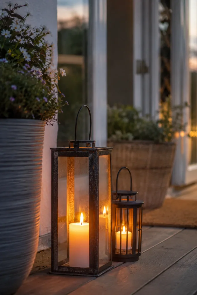 Terrassentür Deko im Juli mit Laternen, Windlichtern und Pflanzkübeln für eine stimmungsvolle Terrasse.