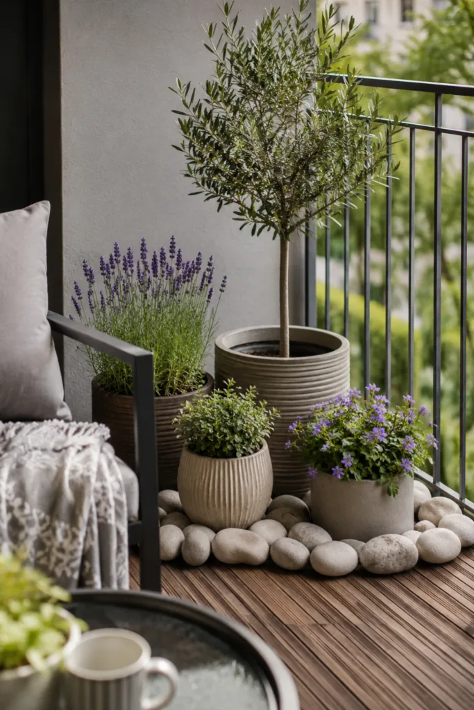 Balkondeko mit Steinen – 5 natürliche Ideen für mehr Atmosphäre Balkondeko mit Steinen als Umrandung einer Pflanzeninsel auf modernem Balkon mit Kübelpflanzen und Natursteinen.