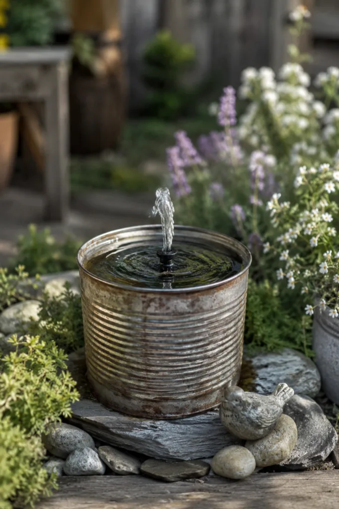 Gartendeko mit alten Konservendosen – 5 wunderschöne Ideen für deinen Garten Gartendeko mit alter Konservendose als Mini-Wasserspiel und Vogeltränke im naturnahen Gartenbereich.
