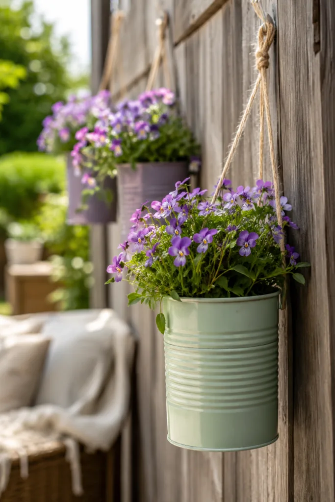 Gartendeko mit alten Konservendosen – 5 wunderschöne Ideen für deinen Garten Hängende Blumenampeln aus alten Konservendosen an Holzzaun im Garten mit blühenden Pflanzen.