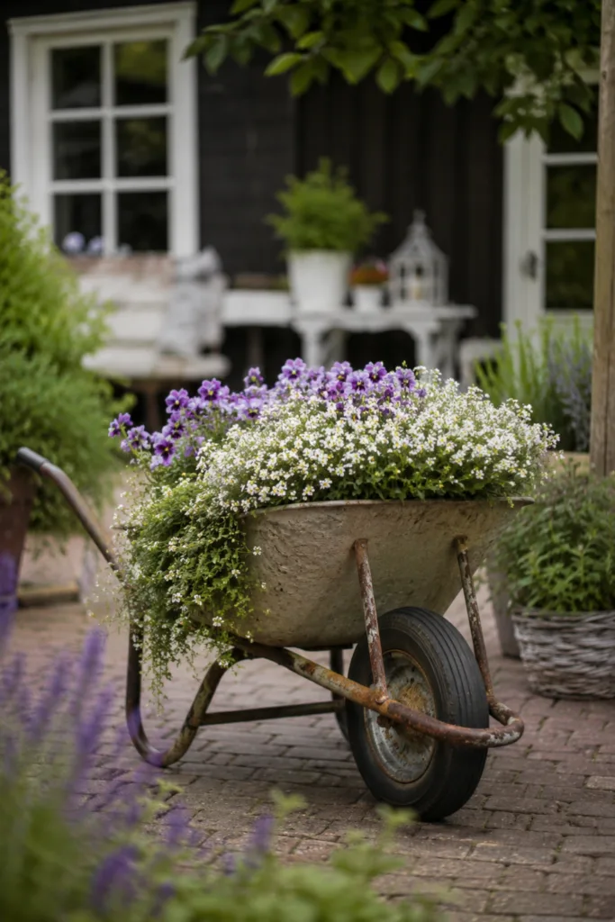 5 wunderschöne Ideen für deine Gartendeko mit alten Gartengeräten Gartendeko mit alter Schubkarre als bepflanzter Blickfang voller Sommerblumen im naturnahen Garten.