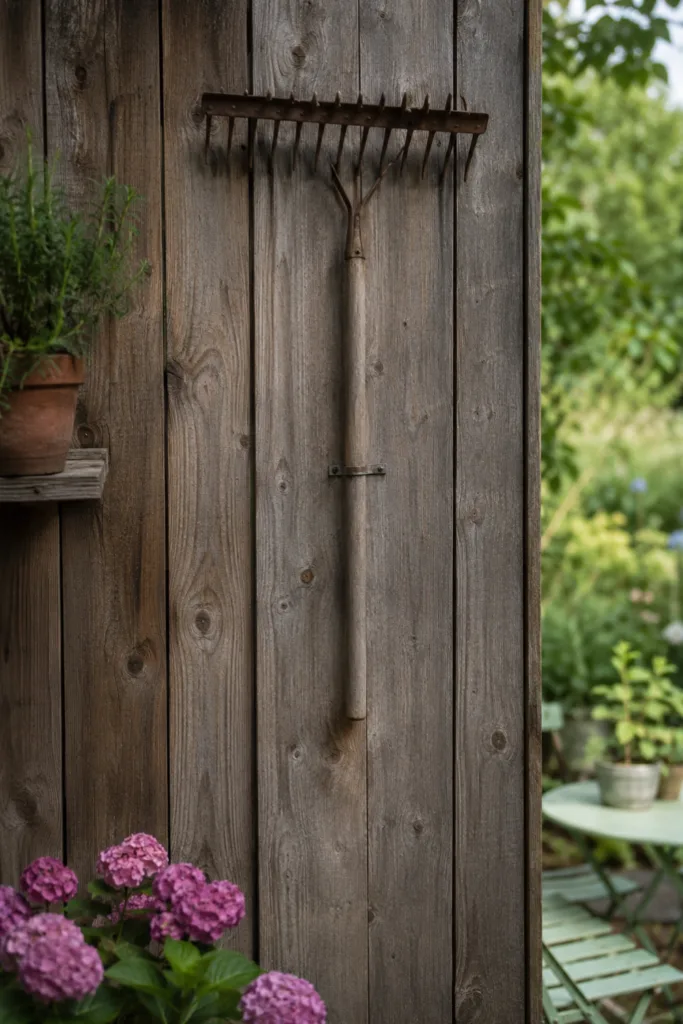 5 wunderschöne Ideen für deine Gartendeko mit alten Gartengeräten Alte Harken und Rechen als Wanddekoration an Holzzaun im Garten mit rustikalem Charme und Blumenbeet.
