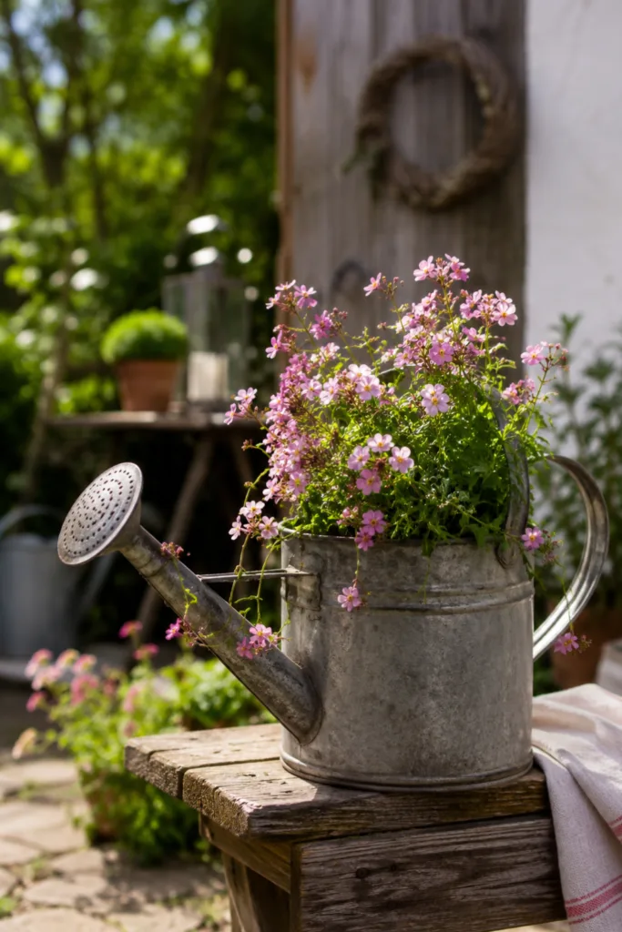 5 wunderschöne Ideen für deine Gartendeko mit alten Gartengeräten Gartendeko mit alter Gießkanne als Pflanzgefäß mit blühenden Blumen auf rustikalem Holztisch im Garten.