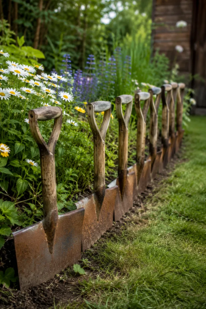 5 wunderschöne Ideen für deine Gartendeko mit alten Gartengeräten Gartendeko mit alten Gartengeräten: Rostige Spaten als kreative Beetbegrenzung im blühenden Garten.