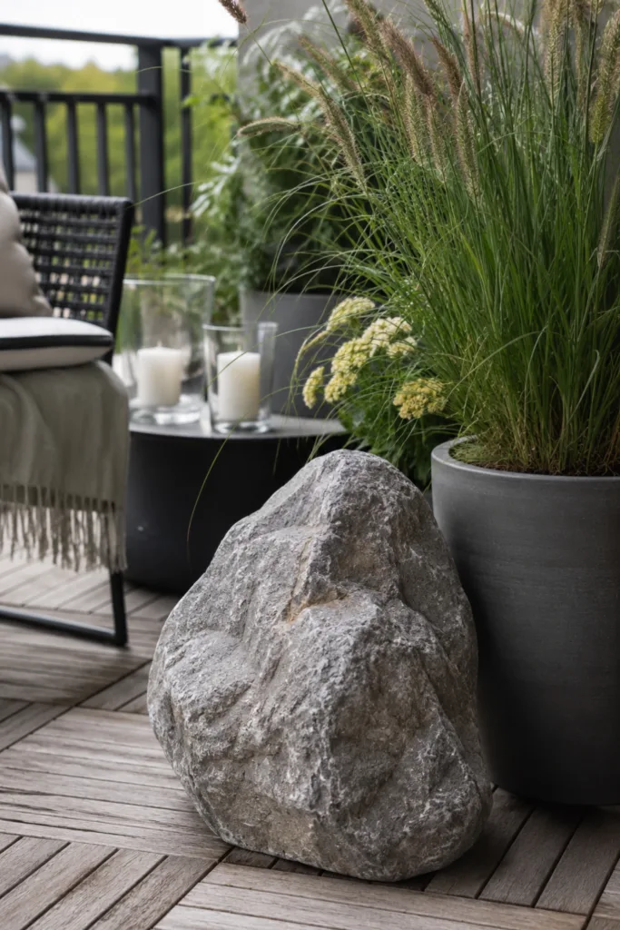 Balkondeko mit Steinen – 5 natürliche Ideen für mehr Atmosphäre Balkondeko mit Steinen: Großer Naturstein als Blickfang neben Ziergras auf modernem Balkon aus Holz.