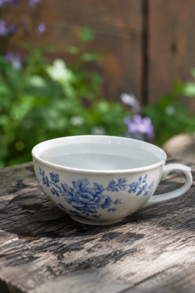 Gartendeko mit alten Tassen als Vogeltränke im Garten auf rustikalem Holztisch mit Wasserfüllung.