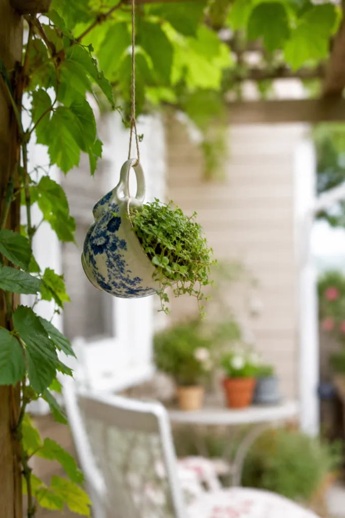 Gartendeko mit alten Tassen als hängende Pflanzgefäße an einer Pergola im naturnahen Garten.