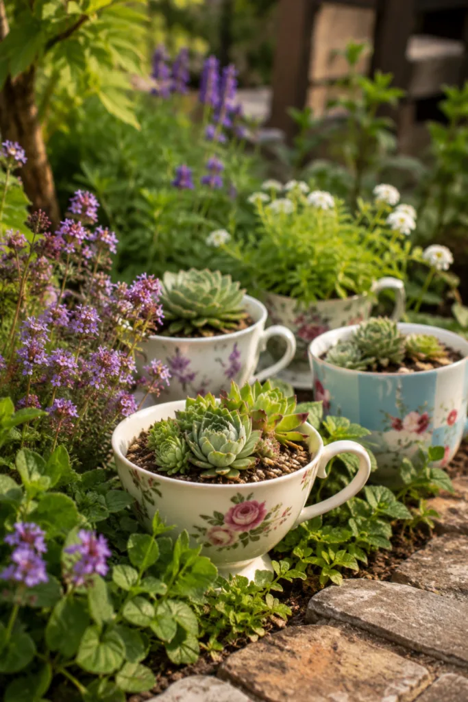 Gartendeko mit alten Tassen als bepflanztes Tassenbeet zwischen Lavendel, Stauden und Sukkulenten.