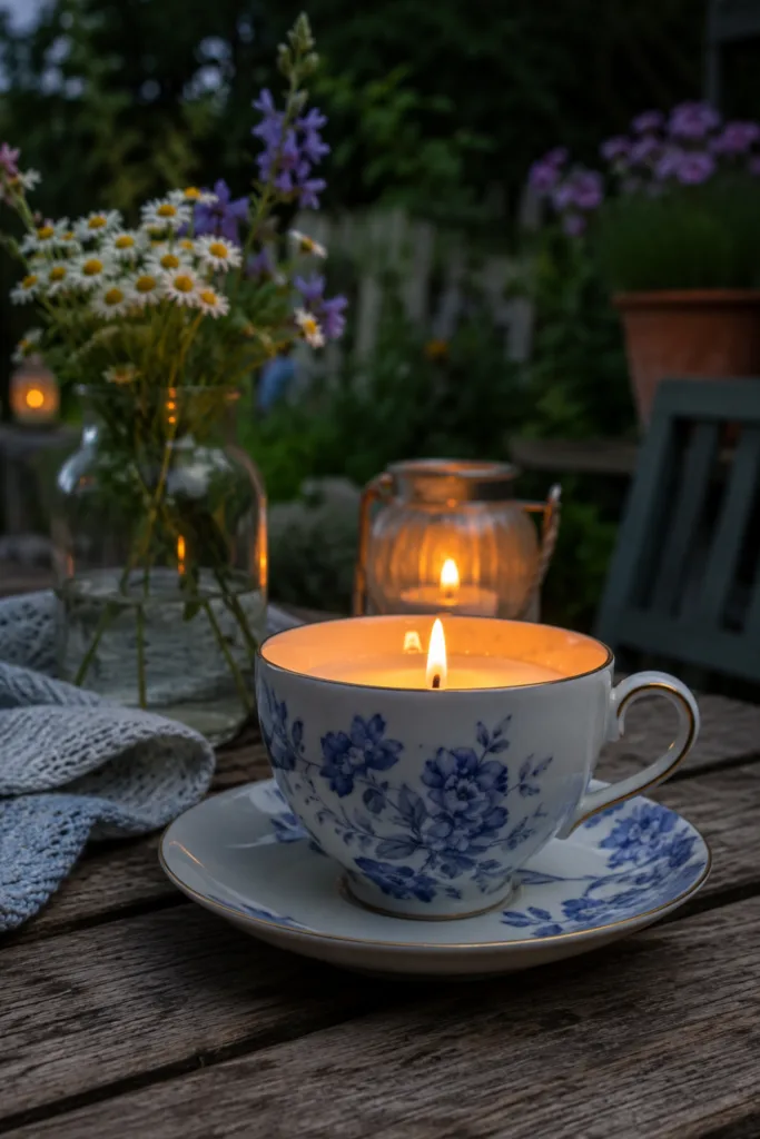 Gartendeko mit alten Tassen als Kerzenhalter auf Holztisch für gemütliche Gartenabende im Vintage-Stil.