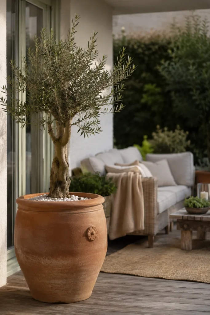 Terrassendeko mit Terrakotta: großer Terrakottatopf mit Olivenbaum als Blickfang auf gemütlicher Terrasse.