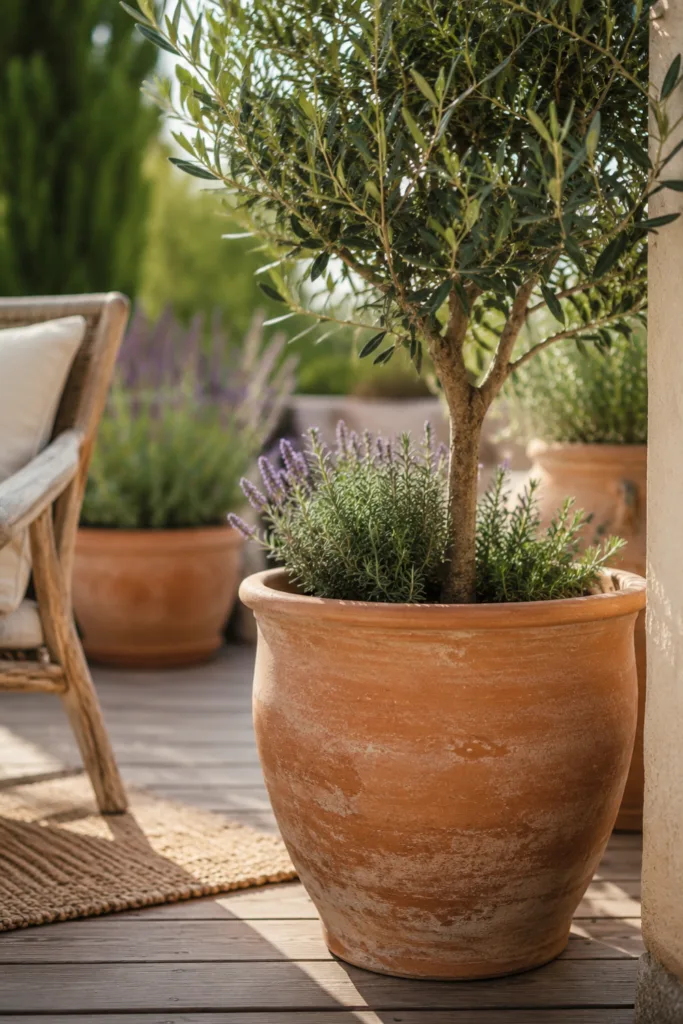 Terrassendeko mit Terrakotta, Olivenbaum und Lavendel auf mediterraner Holzterrasse im Sonnenlicht.