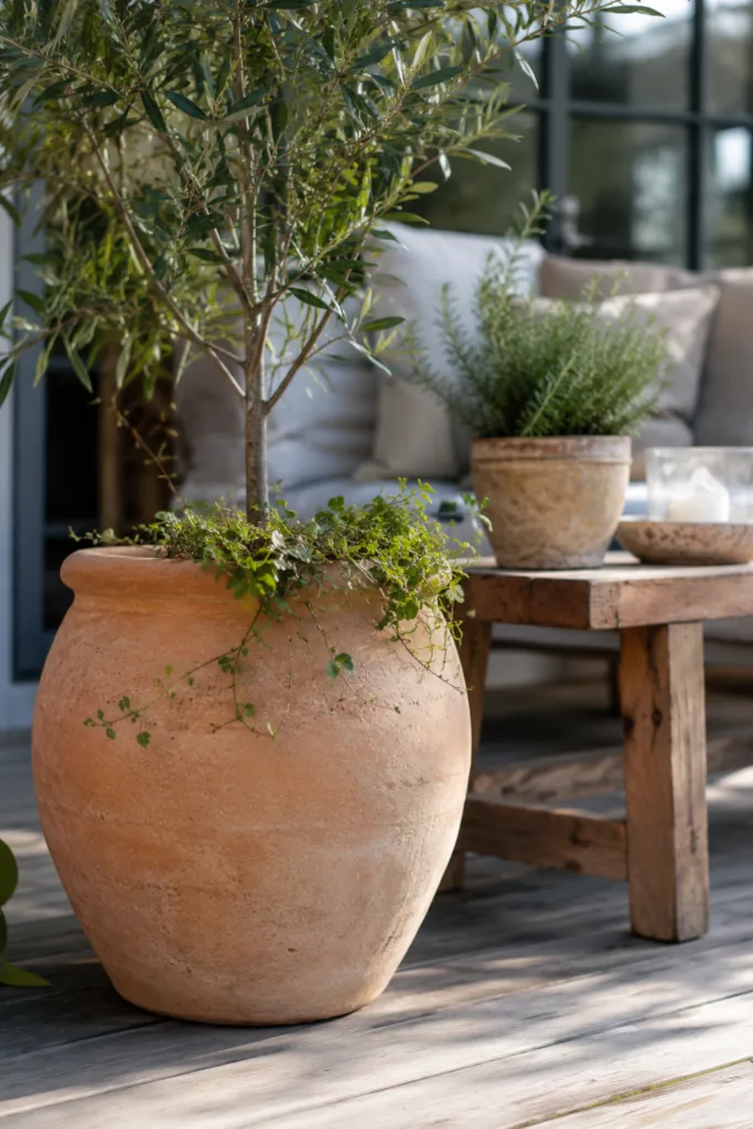 Terrassendeko mit Terrakotta und Holz auf moderner Terrasse mit großen Pflanzgefäßen und mediterranem Flair.