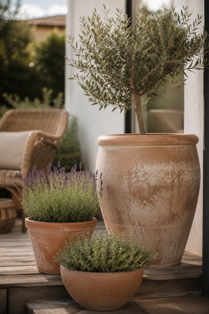 Terrassendeko mit Terrakotta in verschiedenen Höhen für mehr Tiefe und natürliche Raumwirkung auf der Terrasse.