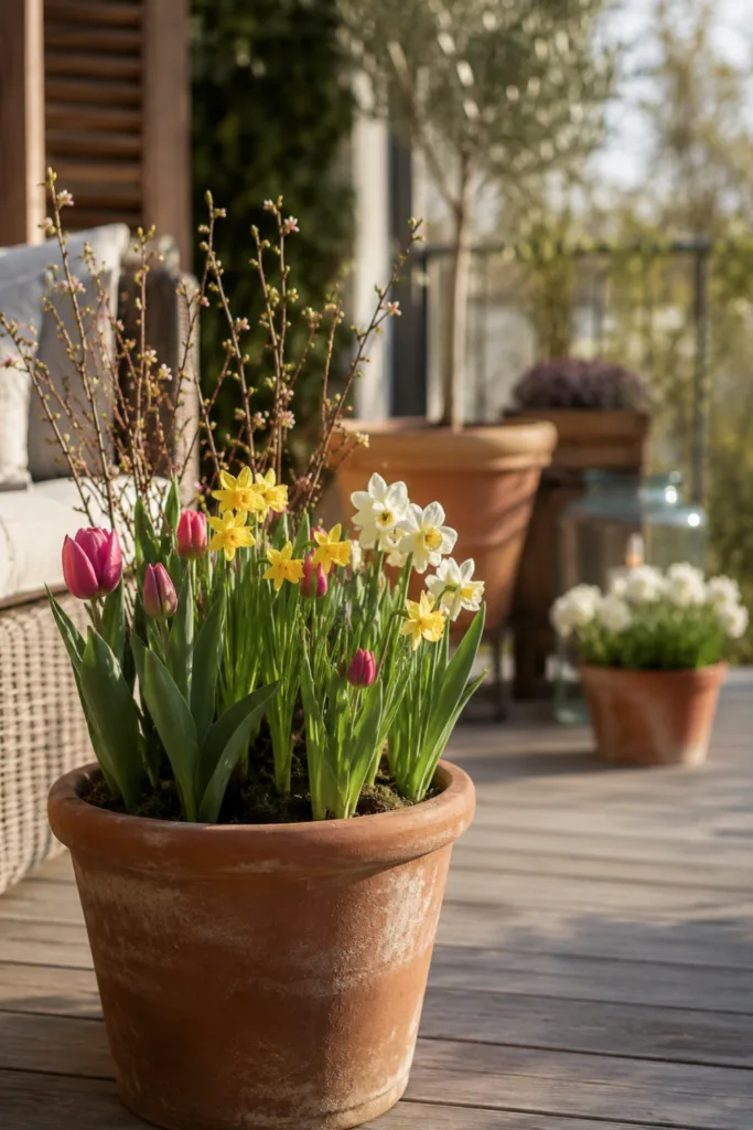 Terrassendeko mit Terrakotta und saisonaler Bepflanzung auf gemütlicher Holzterrasse im Tageslicht.