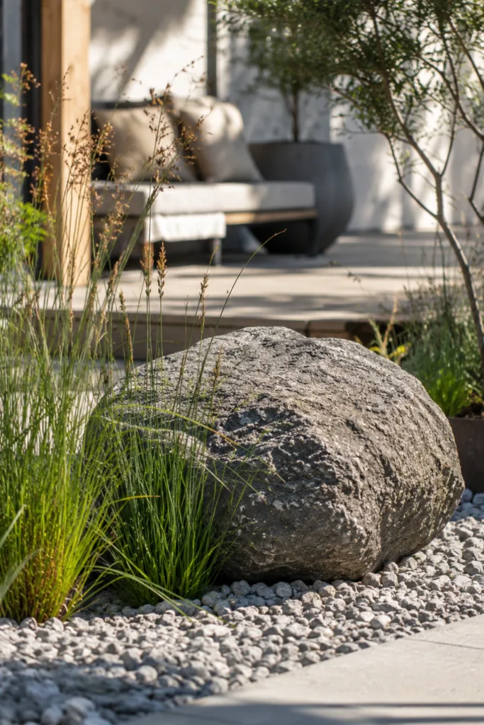 Terrassendeko mit Steinen: großer Findling zwischen Ziergräsern als natürlicher Blickfang auf moderner Terrasse.