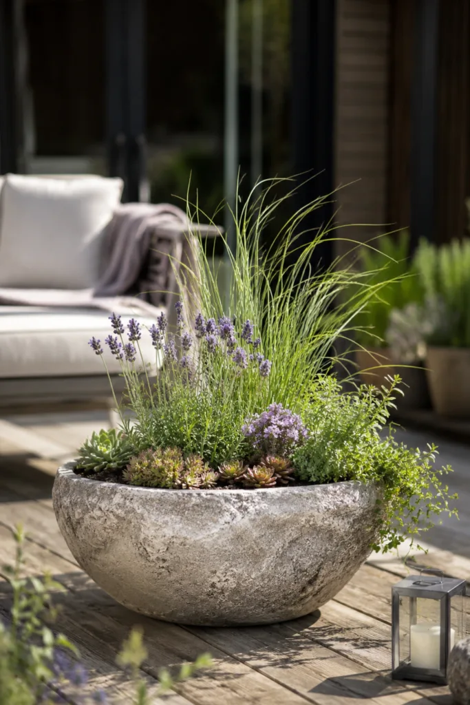 Terrassendeko mit Steinen: großer Steintrough mit Lavendel, Ziergras und Hauswurz auf moderner Terrasse.