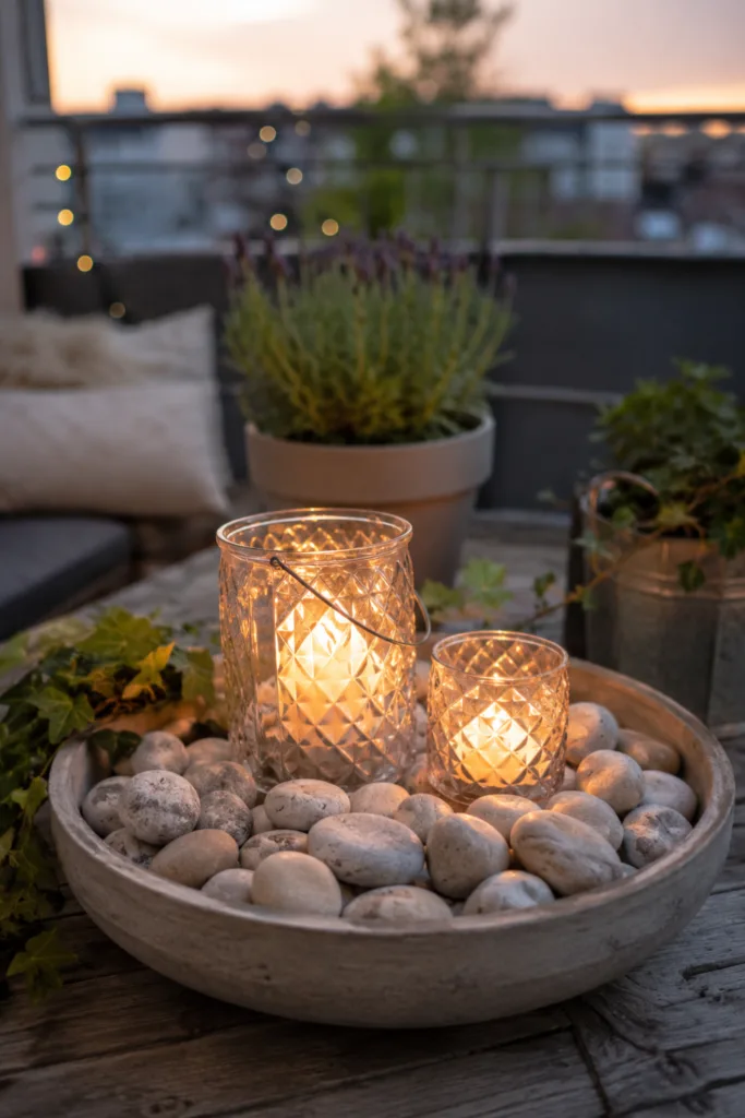 Balkondeko mit Steinen – 5 natürliche Ideen für mehr Atmosphäre Balkondeko mit Steinen und Windlichtern in dekorativer Schale für gemütliche Balkongestaltung am Abend.