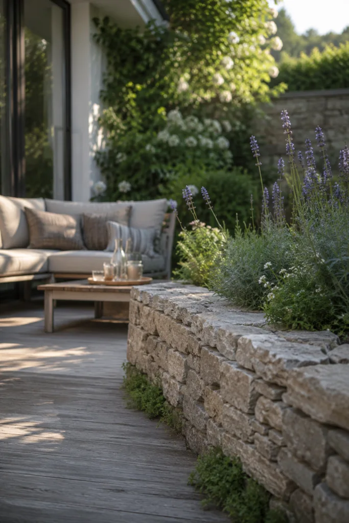 Terrassendeko mit Steinen als Trockenmauer mit Lavendel und Sitzbereich auf moderner Gartenterrasse.