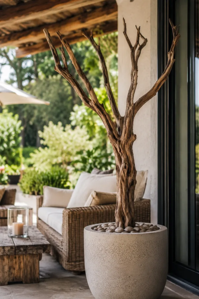 Terrassendeko mit Ästen: 5 Ideen für natürliche Akzente mit Charakter Terrassendeko mit Ästen: großer Ast im Pflanzkübel als natürlicher Blickfang auf moderner Terrasse.