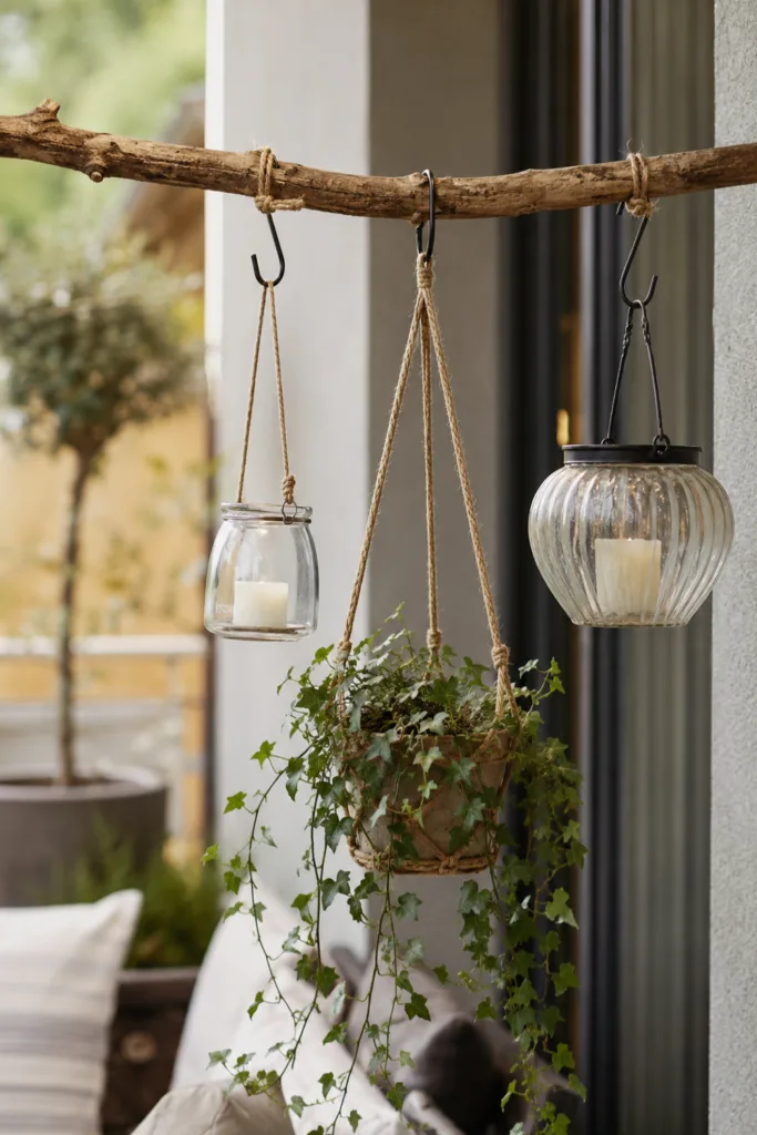 Terrassendeko mit Ästen: 5 Ideen für natürliche Akzente mit Charakter Terrassendeko mit Ästen, hängenden Windlichtern und Pflanzenampel auf moderner Terrasse im Tageslicht.