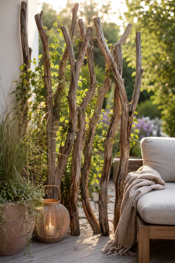Terrassendeko mit Ästen: 5 Ideen für natürliche Akzente mit Charakter Terrassendeko mit Ästen als natürlicher Sichtschutz auf einer gemütlichen Terrasse mit Pflanzen und Sitzbereich.