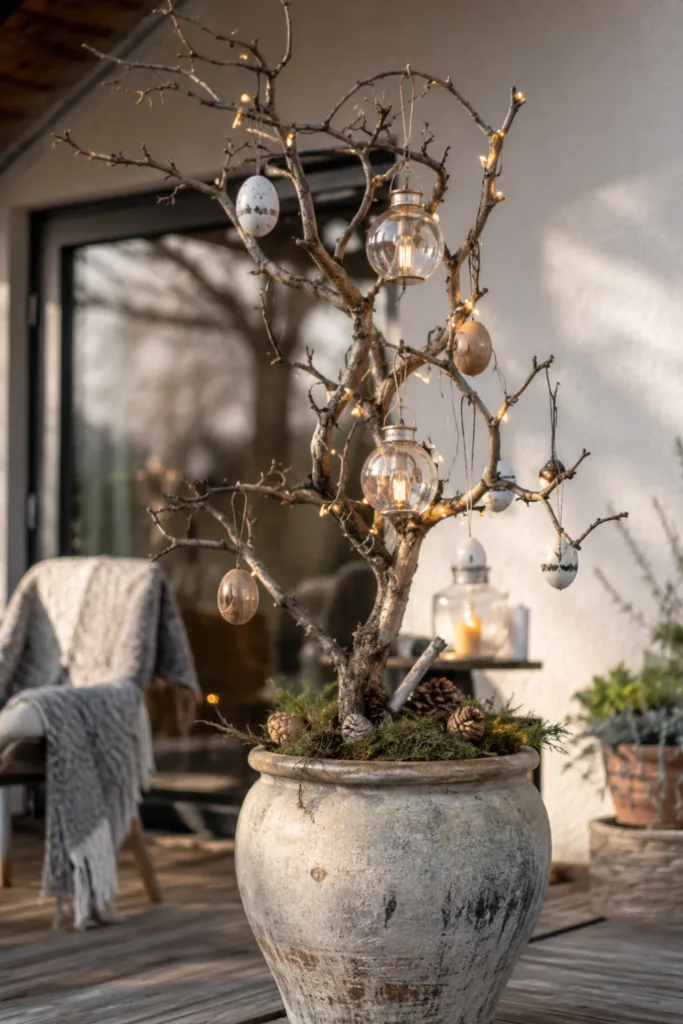 Terrassendeko mit Ästen: 5 Ideen für natürliche Akzente mit Charakter Terrassendeko mit Ästen im Pflanzkübel, saisonal dekoriert mit Lichtern und Anhängern auf moderner Terrasse.
