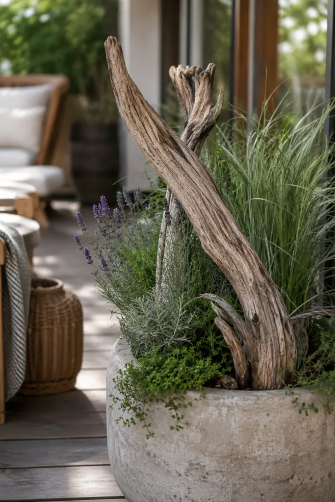 Terrassendeko mit Ästen: 5 Ideen für natürliche Akzente mit Charakter Terrassendeko mit Ästen im Pflanzkübel, kombiniert mit Gräsern und Lavendel auf moderner Terrasse.