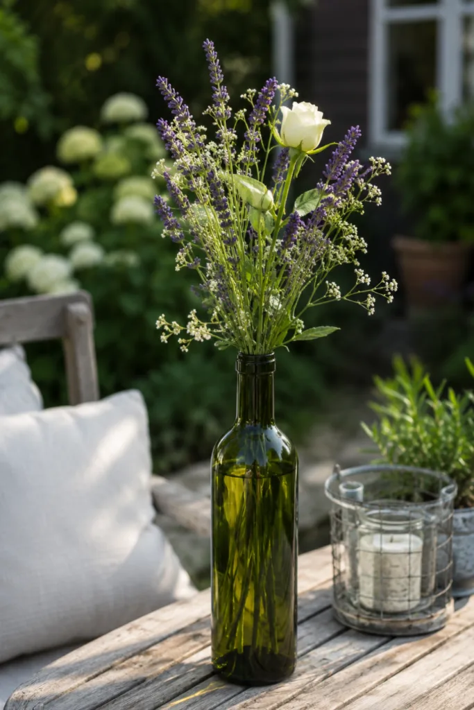 Gartendeko mit alten Weinflaschen als Blumenvasen auf einem Gartentisch mit Lavendel und Rosen.