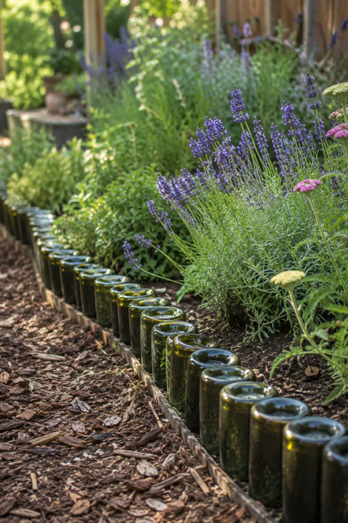 Gartendeko mit alten Weinflaschen als Beetbegrenzung neben Lavendel und Stauden im Garten.