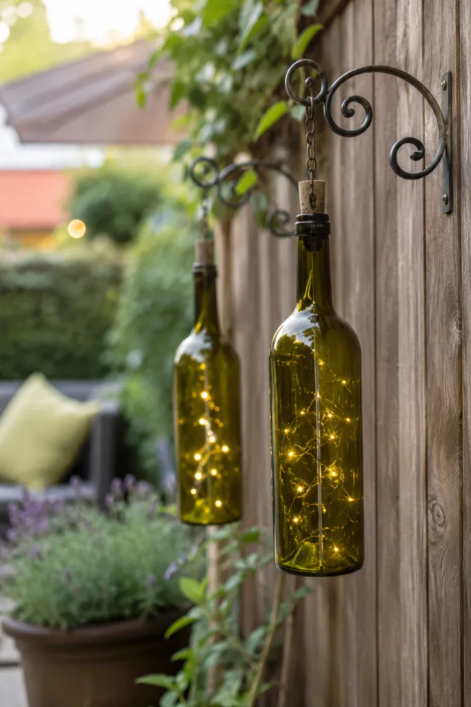 Hängende Weinflaschen als vertikale Gartendeko an Holzzaun mit Pflanzen und stimmungsvoller Beleuchtung.