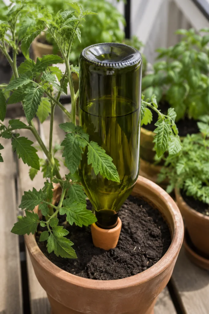 Gartendeko mit alten Weinflaschen als Wasserspender für Tomaten im Pflanzkübel auf der Terrasse.