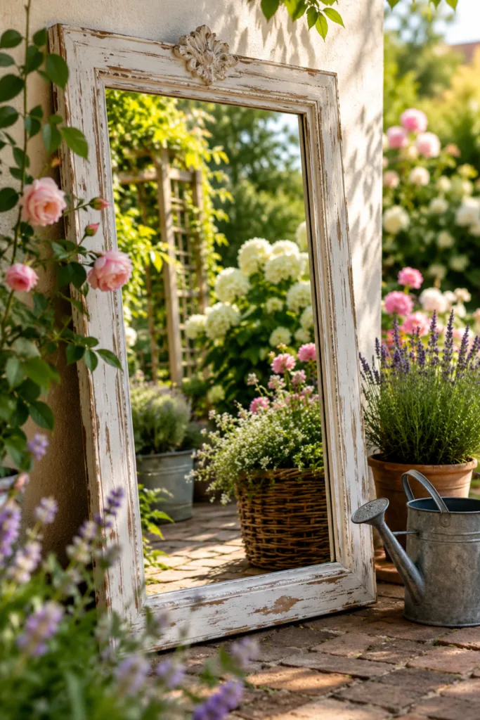 Gartendeko mit alten Bilderrahmen als Spiegel im Garten für mehr Tiefe und optische Weite.