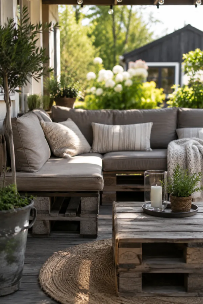Terrassendeko mit Paletten als gemütliche Lounge-Ecke mit Sitzpolstern und Holztisch im Garten.