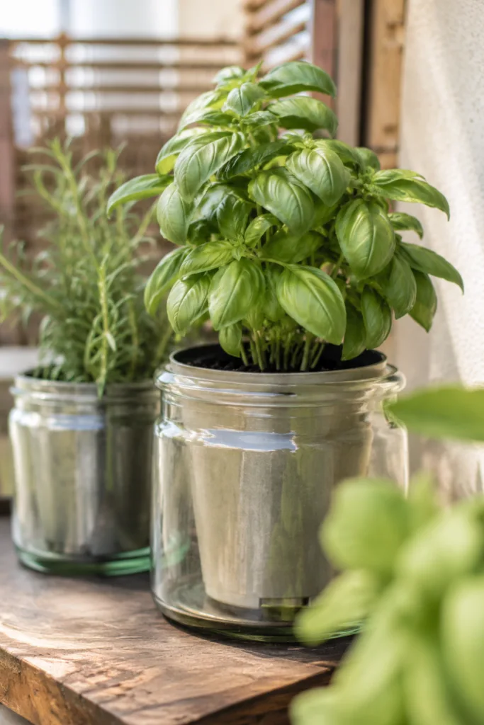 Balkondeko mit alten Einmachgläsern als Kräutergarten mit Basilikum und Rosmarin auf einem Balkon.