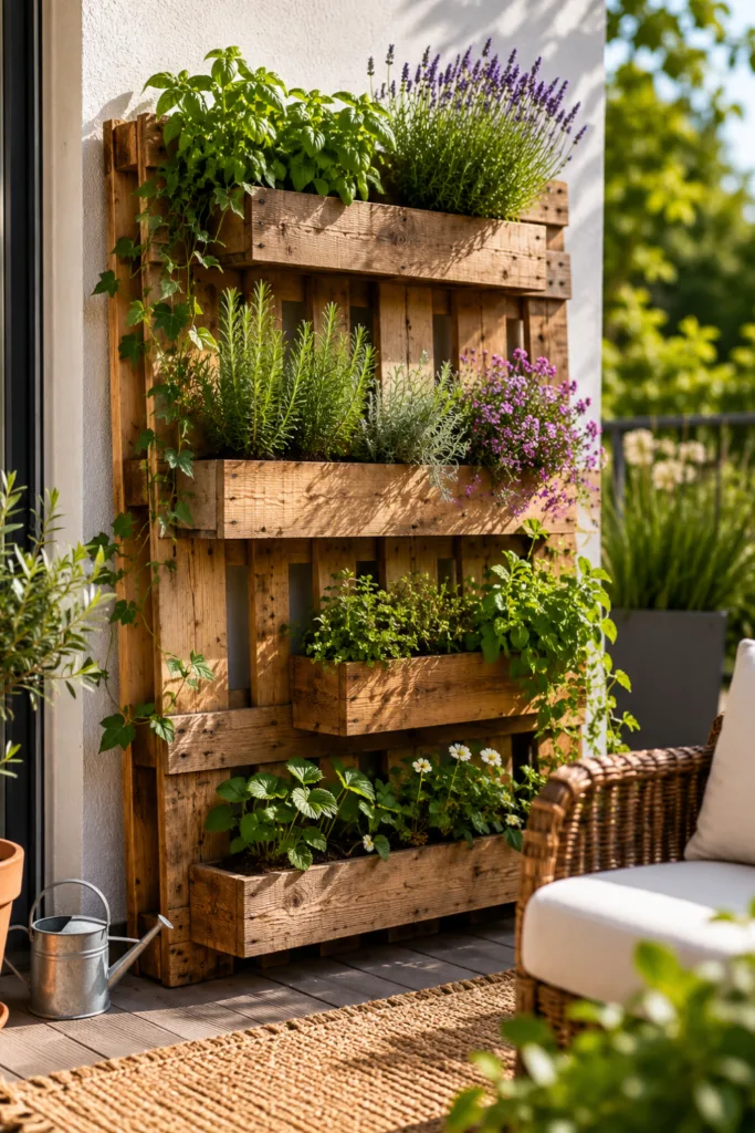 Terrassendeko mit Paletten als vertikale Pflanzenwand mit Kräutern und Blühpflanzen auf kleiner Terrasse.