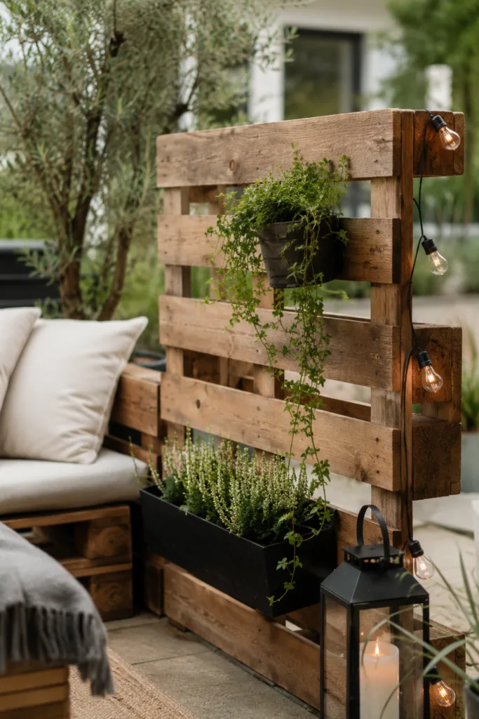 Terrassendeko mit Paletten als Raumteiler mit Pflanzen, Beleuchtung und gemütlicher Sitzecke.