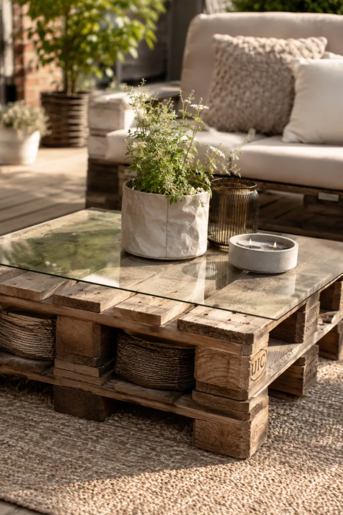 Terrassendeko mit Paletten: dekorativer Palettentisch aus Holz als stilvoller Blickfang im Outdoor-Wohnbereich.