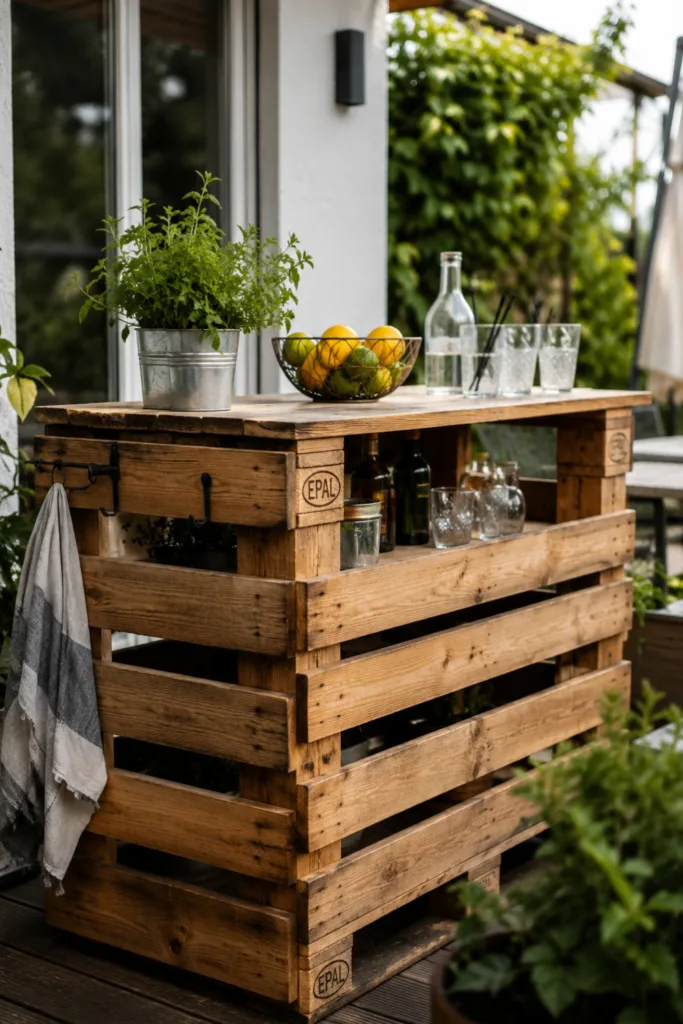 Terrassendeko mit Paletten als rustikale Palettenbar mit Kräutern und Getränken im Gartenbereich.