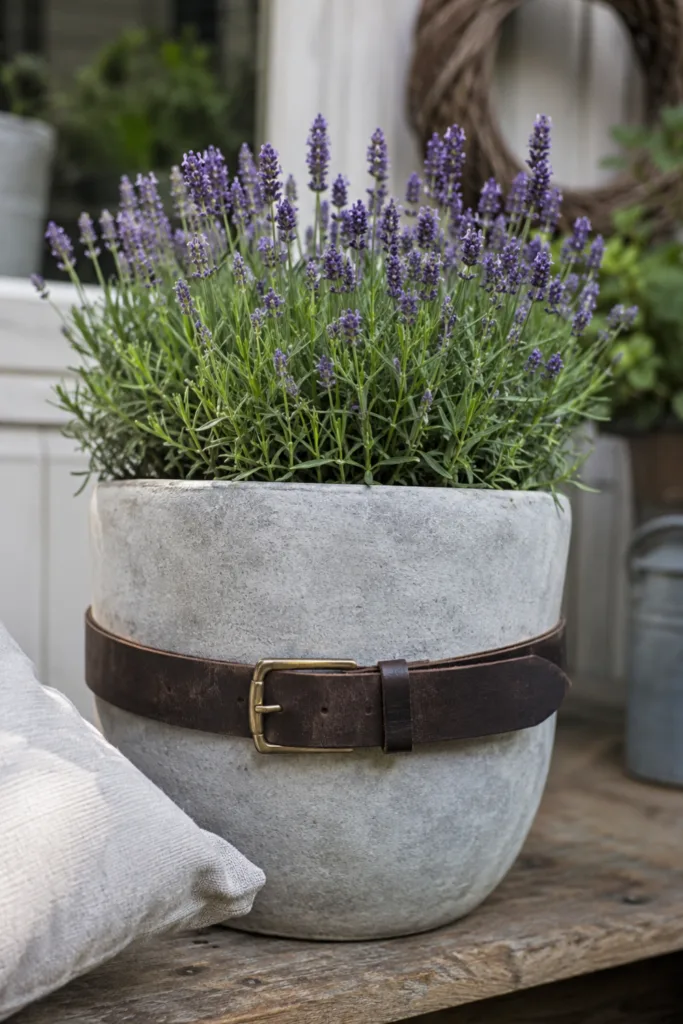 Gartendeko mit alten Gürteln: Pflanzgefäß mit Ledergürtel als kreative Upcycling-Dekoration im Garten.