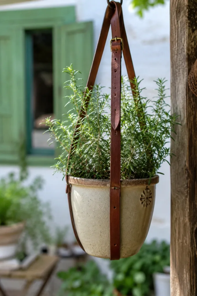Hängende Blumentöpfe mit alten Gürteln als kreative Gartendeko auf einer Terrasse mit Kräutern und Naturlook.